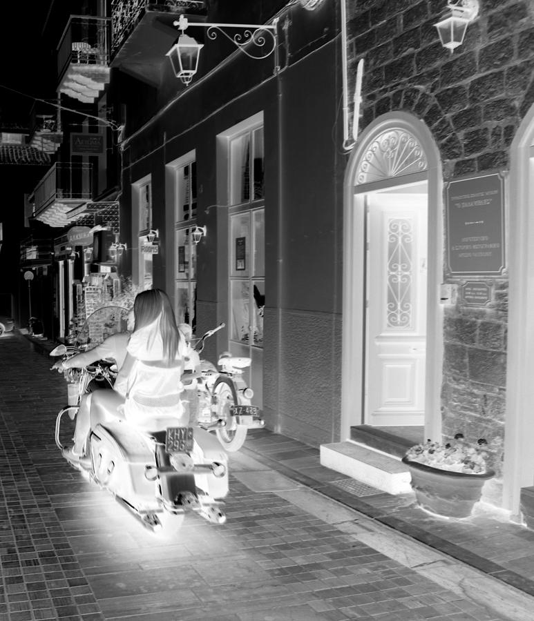 BW Girl Riding Glowing Motorcycle Bike Rider Speed Stone Paved Street in Nafplion Greece Xray  Photograph by John Shiron