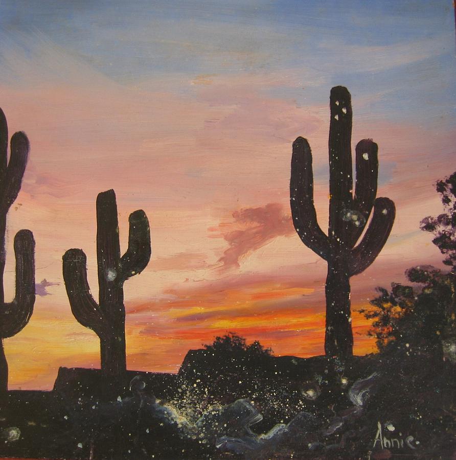 Desert Sunset Painting - Cacti Desert Sunset by Anne Provost
