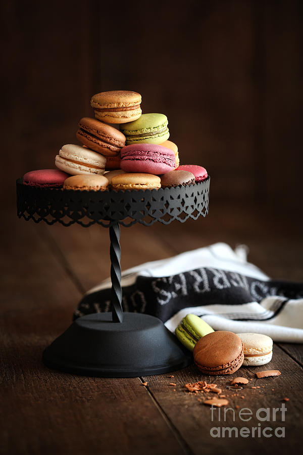 Cake Photograph - Cake stand with macaroons on dark wood background by Sandra Cunningham