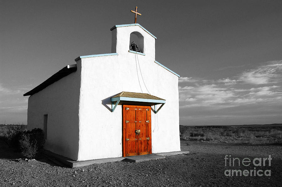 Calera Mission Chapel in West Texas Color Splash Black and White Photograph by Shawn OBrien