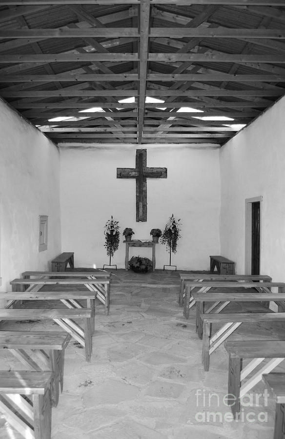 Calera Mission Chapel Interior in West Texas Black and White Photograph by Shawn OBrien