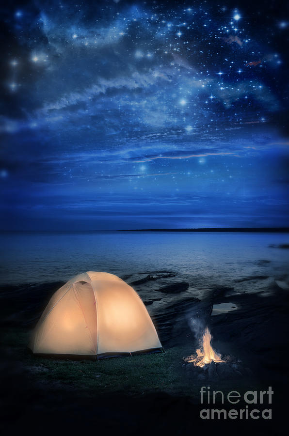 Camping Tent by the Lake at Night Photograph by Jill Battaglia