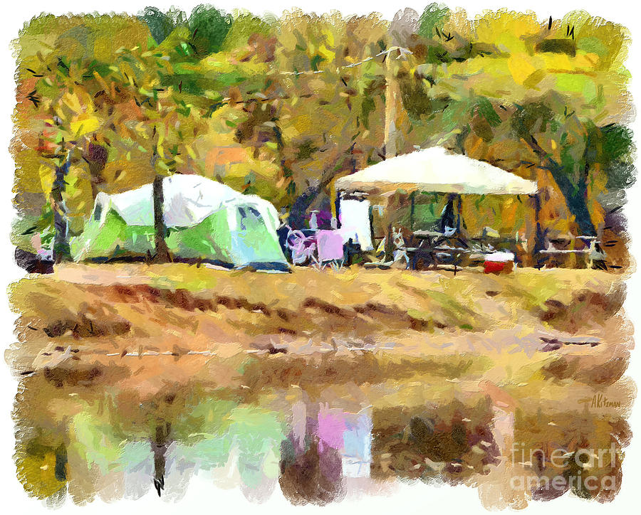Camping Tents Reflecting in the Lake Painting by Anne Kitzman