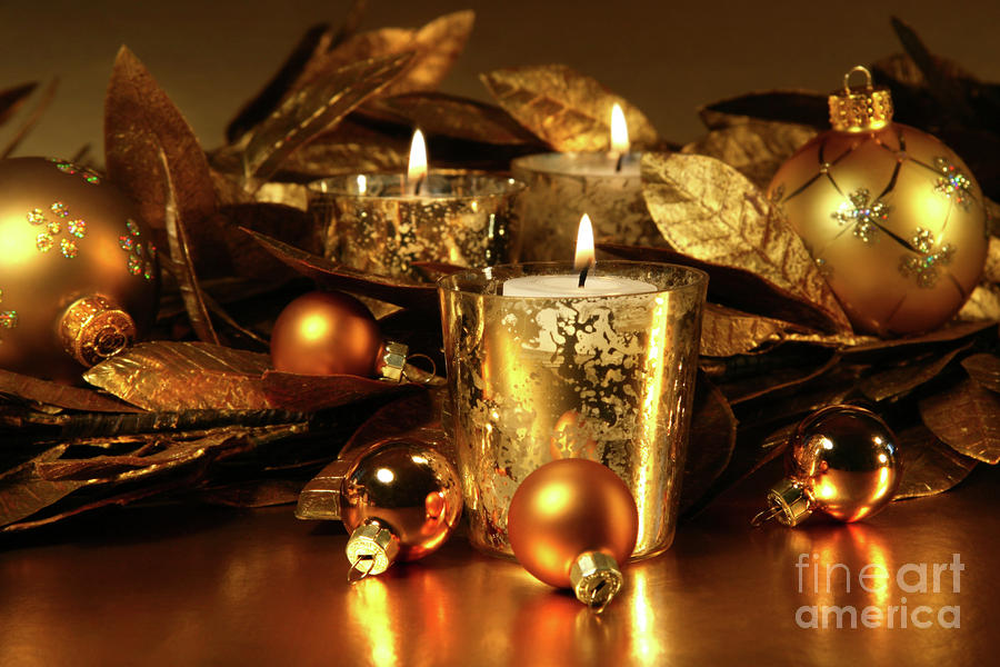 Christmas Photograph - Candles light in sparkling gold  by Sandra Cunningham