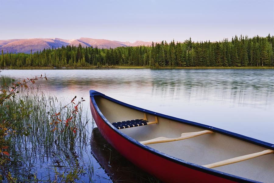 Rural Scene Photograph - Canoe And Boya Lake At Sunset, Boya by Yves Marcoux