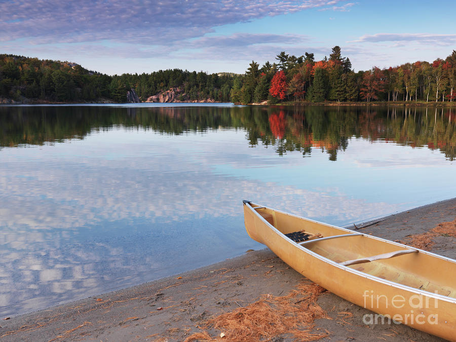 Canoe on a Shore Autumn Nature Scenery Photograph by Maxim Images Prints