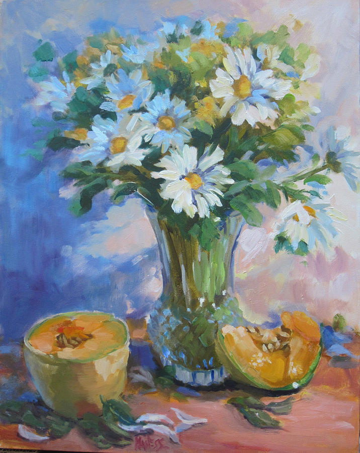 Daisy Painting - Cantaloupe And Daisies by Liz Maness