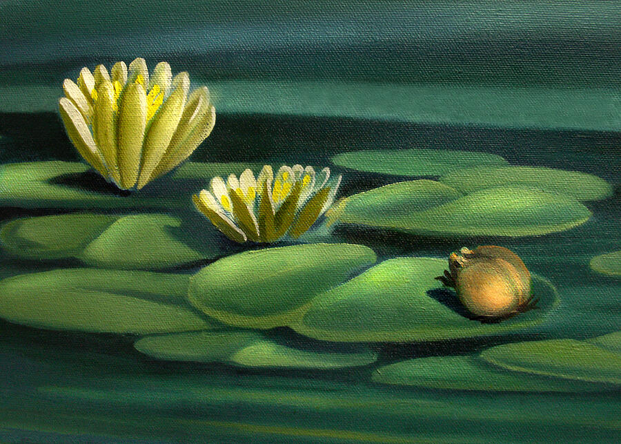 Card of Frog with Lily Pad Flowers Painting by Nancy Griswold