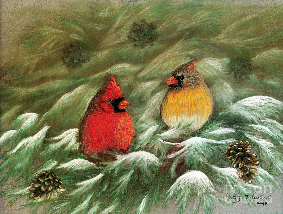 Wildlife Painting - Cardinals in Winter Male and Female Cardinals by Judy Filarecki
