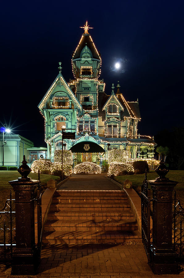 Carson Mansion at Christmas with Moon Photograph by Greg Nyquist