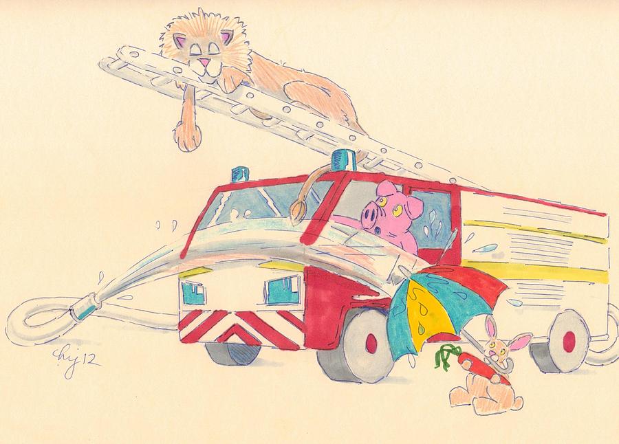 Cartoon Fire Engine and Animals Drawing by Mike Jory