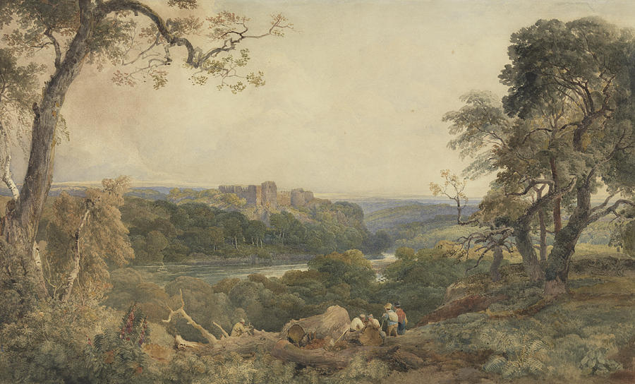 Castle Painting - Castle above a River - Woodcutters in the Foreground by Peter de Wint