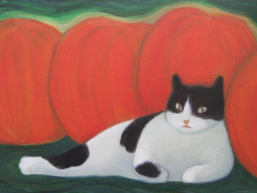 Cat and Pumpkins  Painting by Kazumi Whitemoon