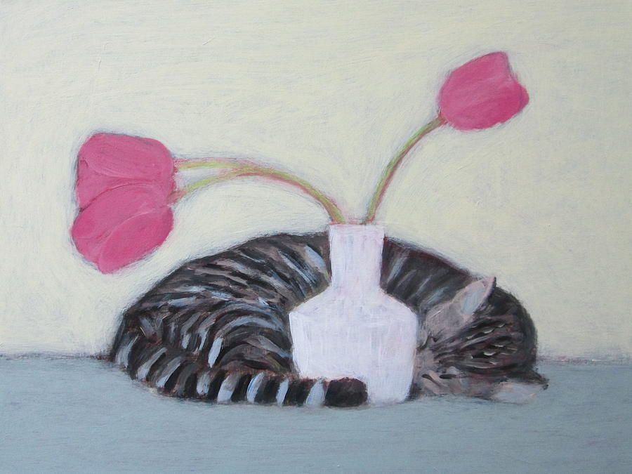 Cat and Tulips Painting by Kazumi Whitemoon