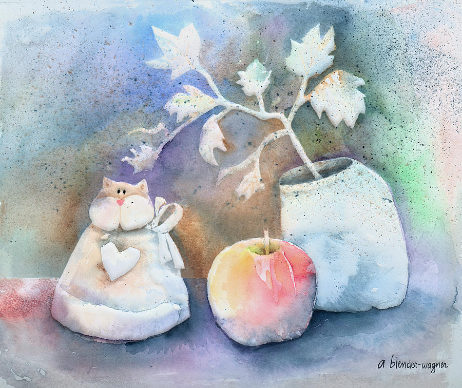 Cat Painting - Cat-Apple-Vase Still Life by Arline Wagner