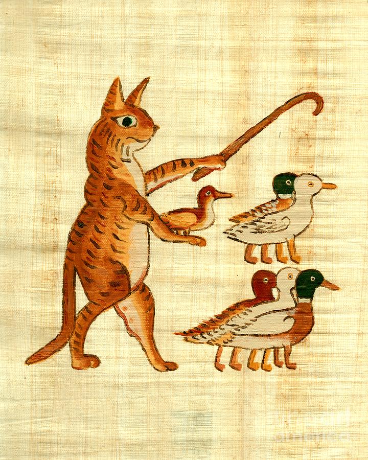 Cat Herding Ducks Egyptian Comic Painting by Pet Serrano