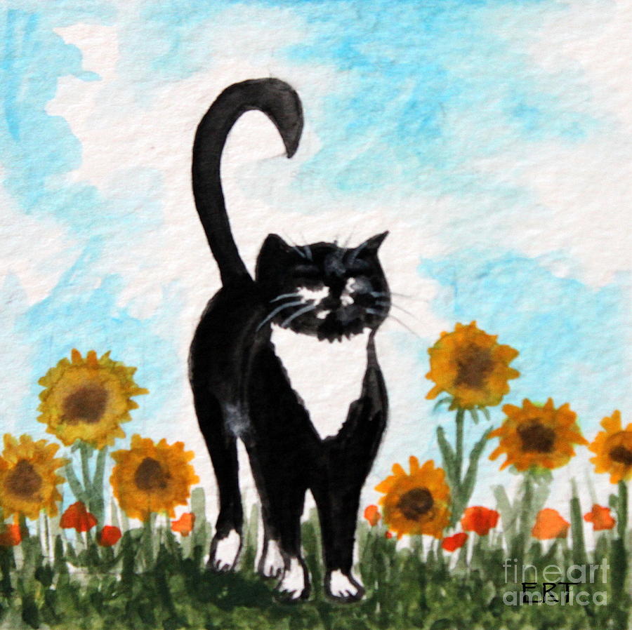 Cat Walk Through the Sunflowers Painting by Elizabeth Robinette Tyndall