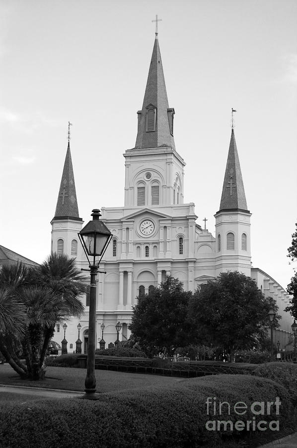 Cathedral and Lampost on Jackson Square in the French Quarter New Orleans Black and White Photograph by Shawn OBrien