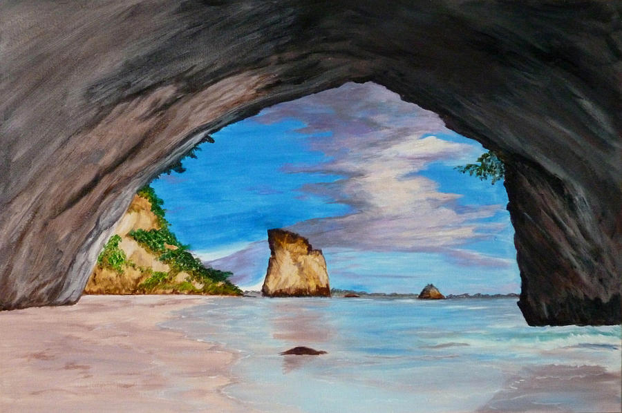 Beach Painting - Cathedral Cove NZ by Nancy Nuce