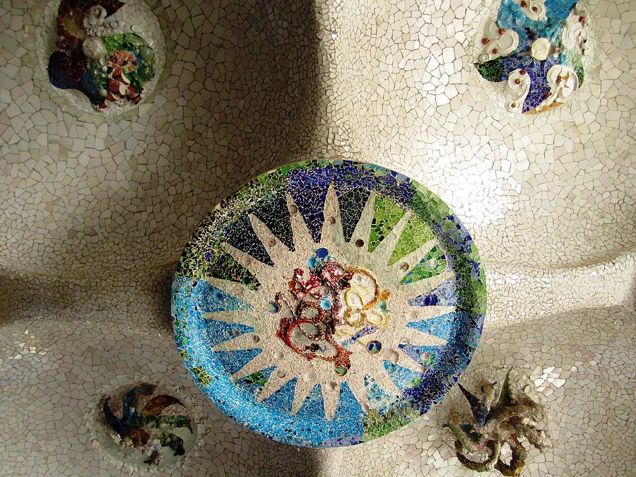 Ceiling Tile Work Artistic Mosaic Antoni Gaudi Guell Park Barcelona Spain Photograph by John Shiron