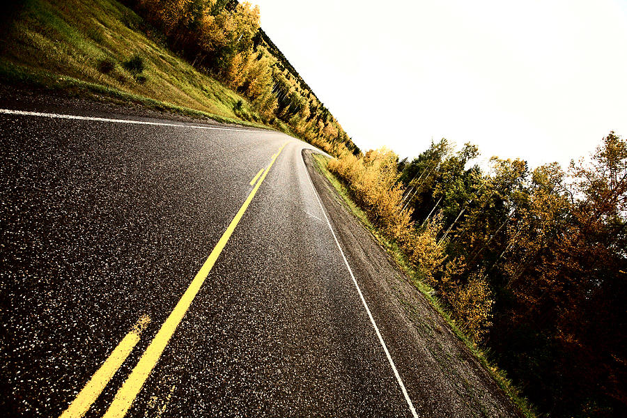Fall Photograph - Center lines along a paved road in autumn by Mark Duffy