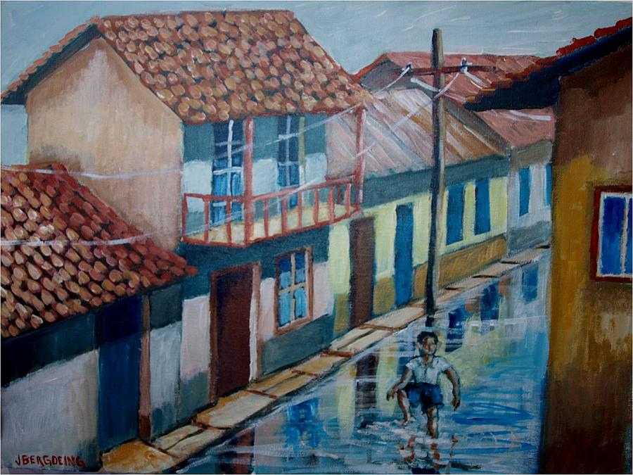 Chapoteando en la calle mojada Painting by Jean Pierre Bergoeing