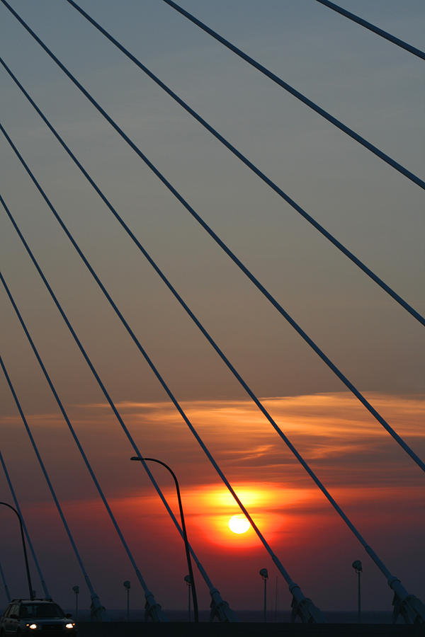 Charleston Cable Bridge Sunset Silhouette - Arthur Ravenel Jr Bridge Photograph by Kathy Clark