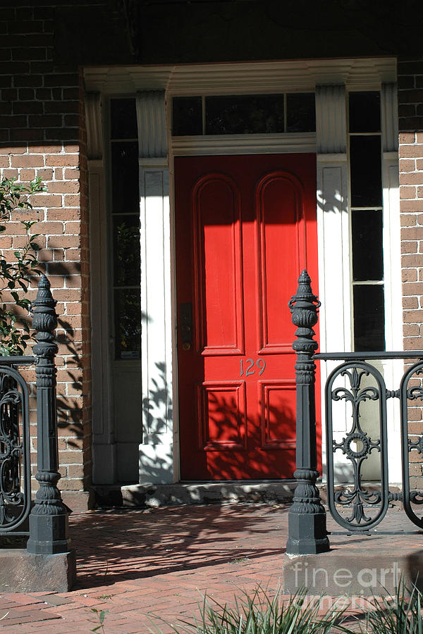 Charleston Red Door - Red White Black Door With Iron Gate Posts Photograph by Kathy Fornal