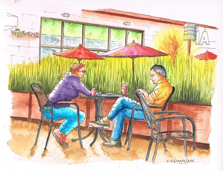 Chatting in Starbucks on 8000 Sunset Blvd - West Hollywood - California Painting by Carlos G Groppa