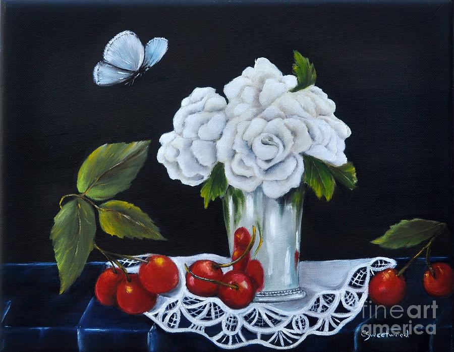 Cherries and Roses Painting by Carol Sweetwood