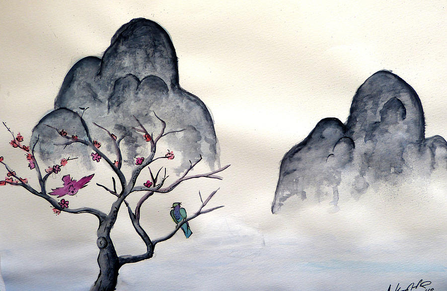 Bird Painting - Cherry Blossom Mountains by Anthony Nold