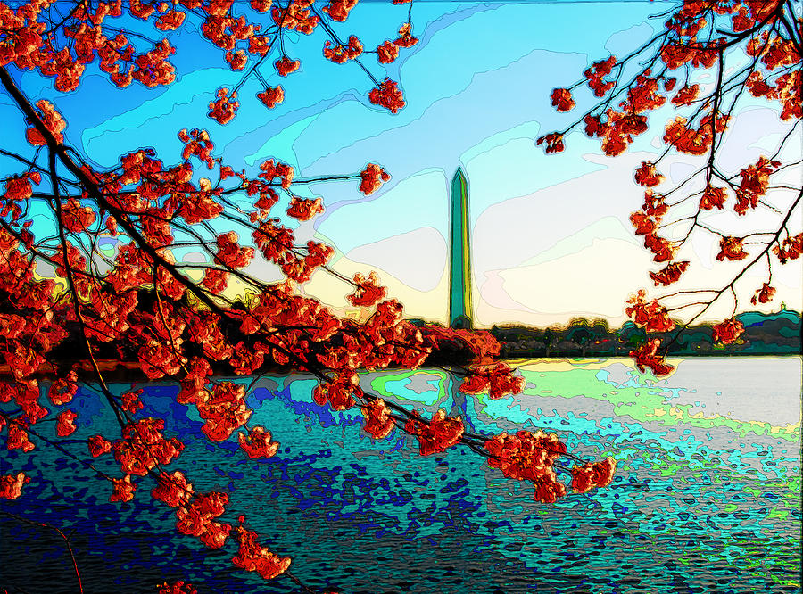Washington Monument Digital Art - Cherry Blossoms and Washington Monument  by Don Allen