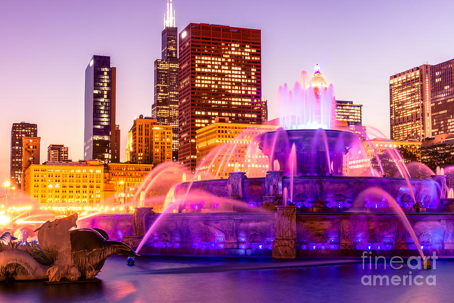 Chicago at Night with Buckingham Fountain Photograph by Paul Velgos