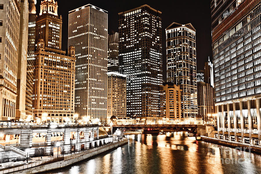 Chicago Photograph - Chicago City Skyline at Night by Paul Velgos