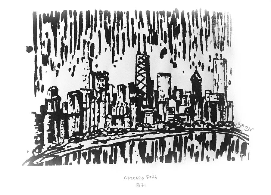 Chicago Painting - Chicago Great Fire of 1871 Serigraph of Skyline Buildings Sears Tower Lake Michigan Hancock BW by M Zimmerman