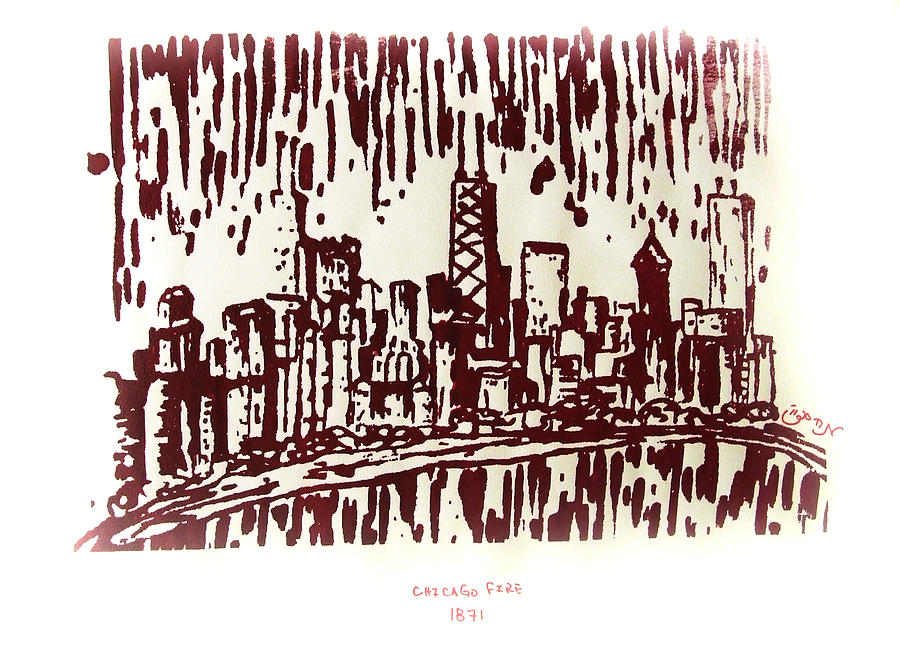 Chicago Painting - Chicago Great Fire of 1871 Serigraph of Skyline Buildings Sears Tower Lake Michigan John Hancock  by M Zimmerman