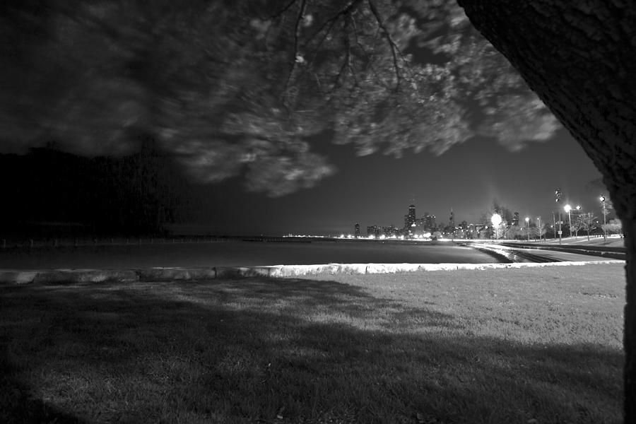 Chicago night lakefront scene in Black and White Photograph by Sven Brogren