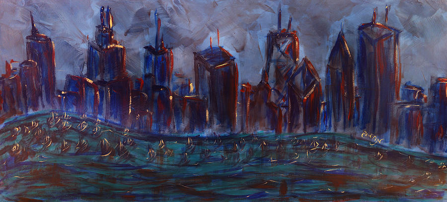 Chicago Night Skyline with Lake Sail Boats on water Buildings and Architecture in Blue Orange Green  Painting by M Zimmerman MendyZ