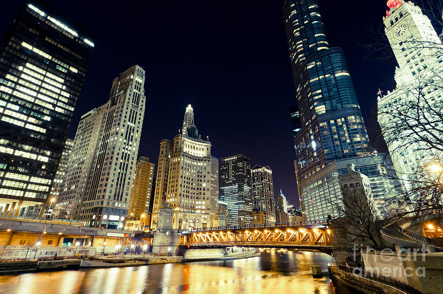 Chicago Photograph - Chicago River Skyline at Night by Paul Velgos