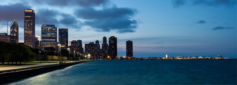 Chicago skyline and Navy Pier at Dusk Photograph by Semmick Photo