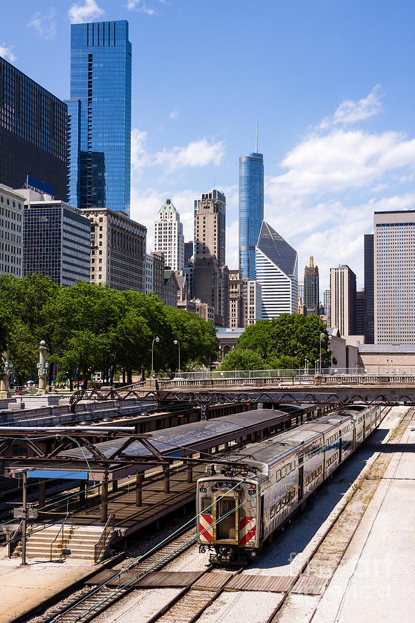 Chicago Skyline With Metra Train Station Photograph