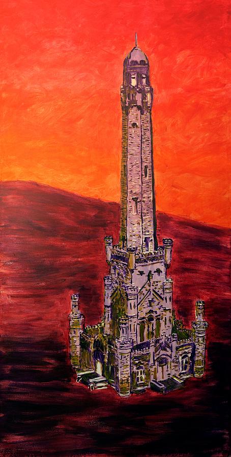 Batman Movie Painting - Chicago Watertower michigan ave gold coast skyline building architecture in purple red orange fire by MendyZ M Zimmerman