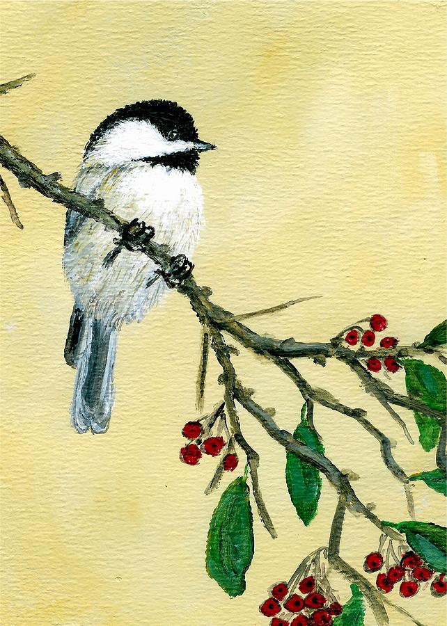 Chickadee Set 4 - Bird 1 - Red Berries Painting by Kathleen McDermott