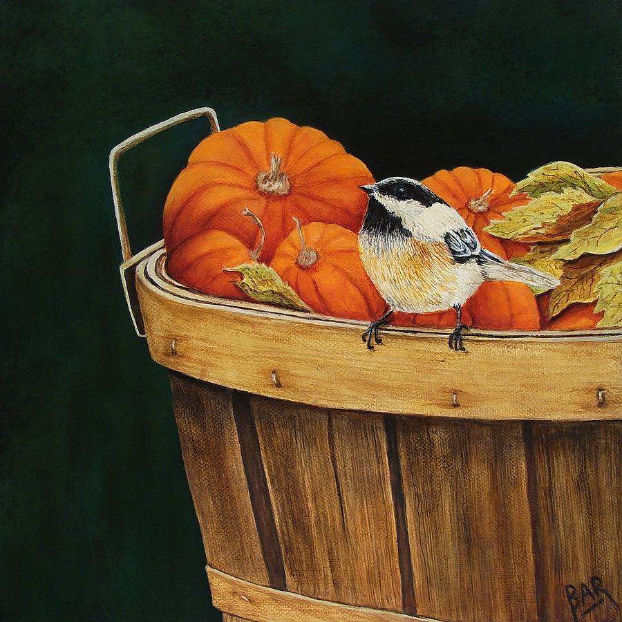 Bird Painting - Chickadee with Pumpkins by Barbara Robertson