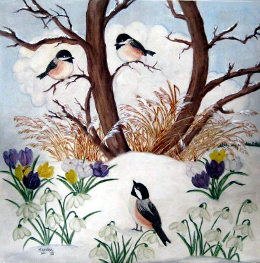 Chickadees And Flowers In The Snow Painting By Sandra Maddox