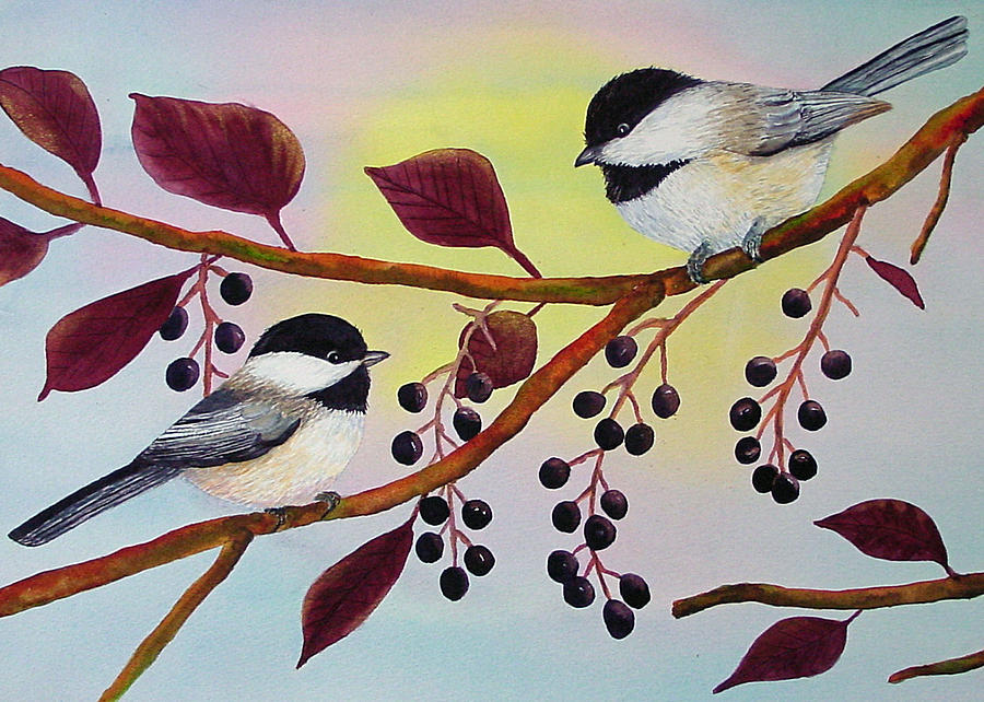 Chickadee Painting - Chickadees in the Chokecherry by Dee Carpenter
