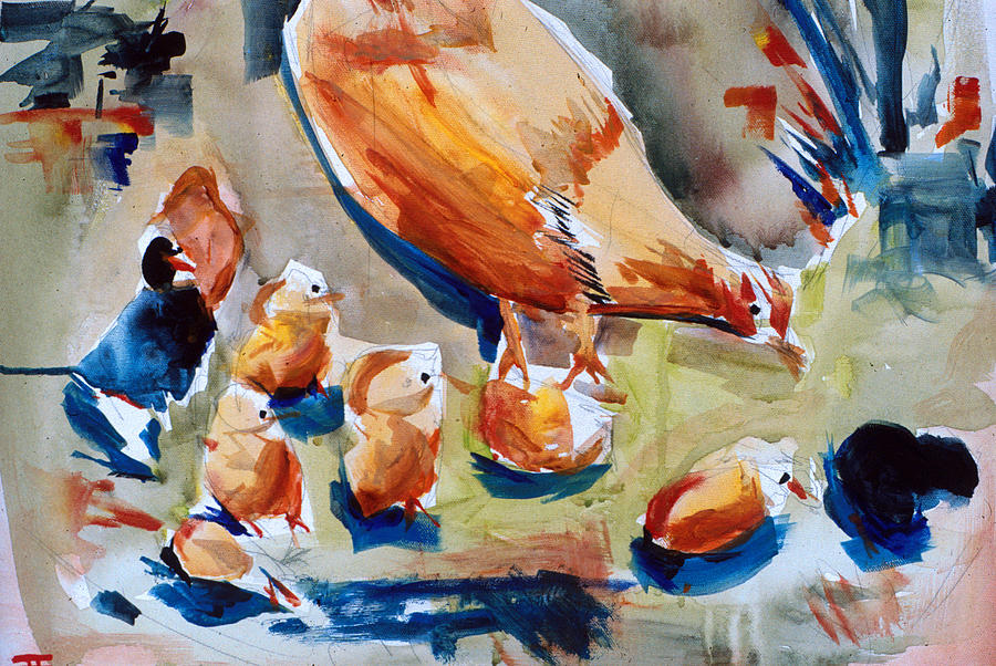 Chickens Eating Painting by John Gholson