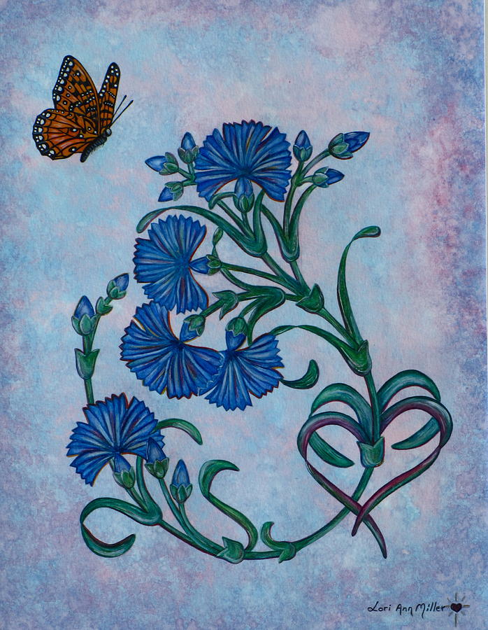 Chicory Flowers and Heart Painting by Lori Miller