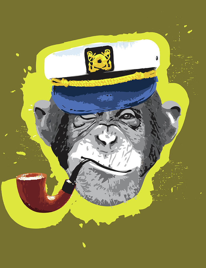 Chimpanzee Digital Art - Chimpanzee Wearing Captains Hat, Smoking Pipe by New Vision Technologies Inc