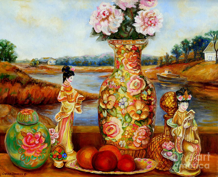 China Dolls And Vase Still Life Painting by Carole Spandau
